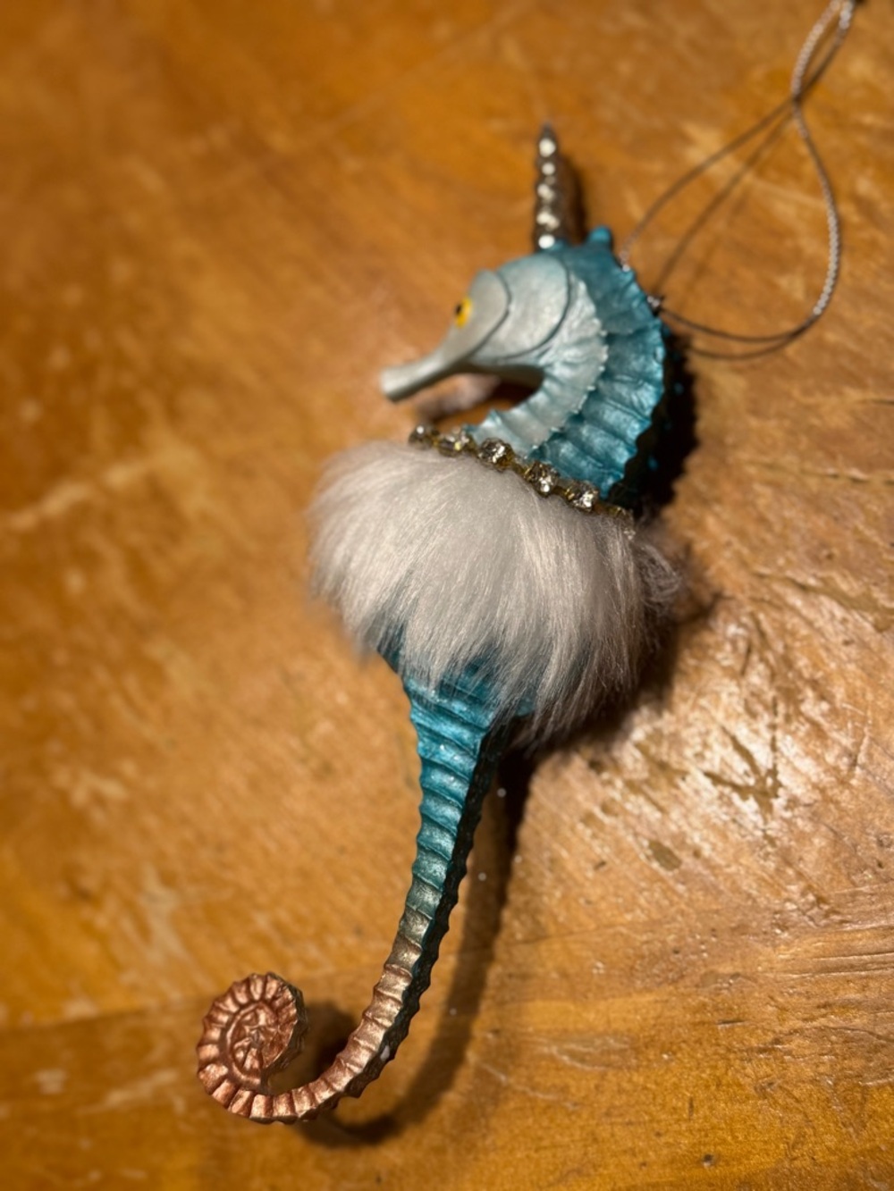 Teal Seahorse Unicorn Holiday Ornament with Faux Fur - Picture 3 of 3